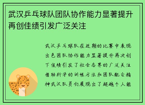 武汉乒乓球队团队协作能力显著提升再创佳绩引发广泛关注